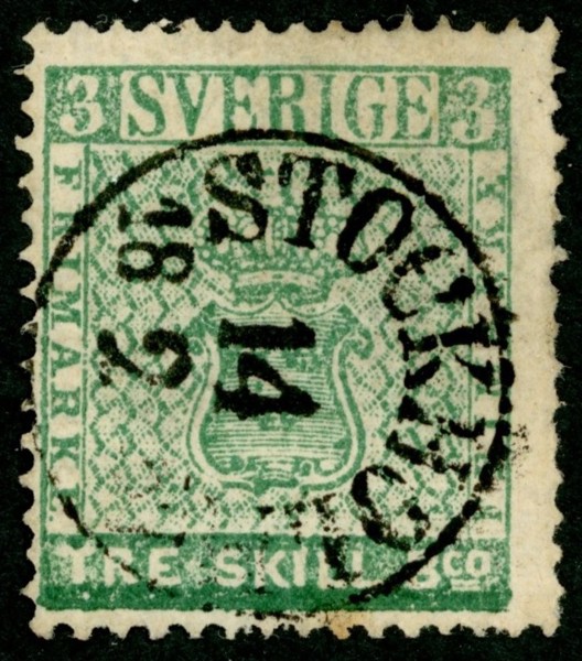 F1b. 3 sk bco utan reparationer, sidvänd STOCKHOLM 14.2.1857. Endast smärre anmärkningar enl ny attest Mats G. Nilsson. "Godtagbart-gott exemplar" enl intyget. Chans att skaffa en fräsch 3-skilling!