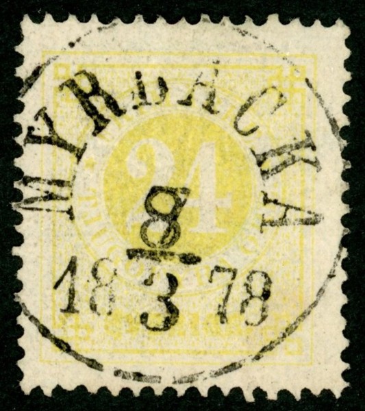 F24i. MYRBACKA 8/7.3.1878. Intressant exemplar av nyansen citrongul, som fått datumet ändrat med en lös siffertyp från 7:e till 8:e mars. Praktexemplar enl ny attest Mats G. Nilsson.
