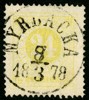 F24i. MYRBACKA 8/7.3.1878. Intressant exemplar av nyansen citrongul, som fått datumet ändrat med en lös siffertyp från 7:e till 8:e mars. Praktexemplar enl ny attest Mats G. Nilsson.
