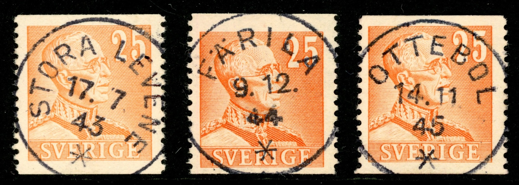 F277. Lot tre märken med fina stämplar: STORA LEVENE, FÄRILA och OTTEBOL.