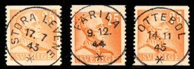 F277. Lot tre märken med fina stämplar: STORA LEVENE, FÄRILA och OTTEBOL.