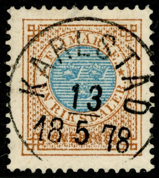 F37. KARLSTAD 13.5.1878. Ovanligt vackert ex av den svåra riksdalern tandning 13, men tyvärr några smärre tanddefekter; en bruten tand + en tunn tandspets. Fortfarande riktigt tilltalande!