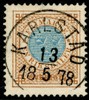 F37. KARLSTAD 13.5.1878. Ovanligt vackert ex av den svåra riksdalern tandning 13, men tyvärr några smärre tanddefekter; en bruten tand + en tunn tandspets. Fortfarande riktigt tilltalande!