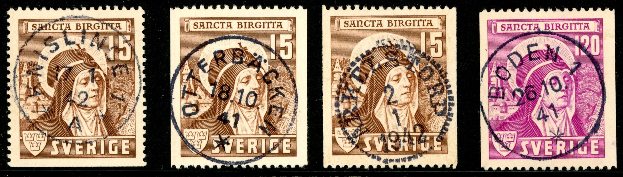 F335-36. Lot fyra märken med vackra stämplar, bl.a. högvalören.