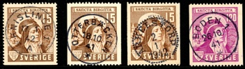F335-36. Lot fyra märken med vackra stämplar, bl.a. högvalören.