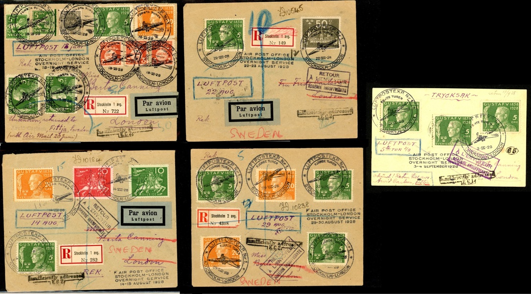 STOCKHOLM-LONDON. Fyra brev och ett kort från flygningarna till London 1928. Förutom skillnaderna i frankeringar bör noteras att de är stämplade på respektive tur FÖRSTA-FEMTE.