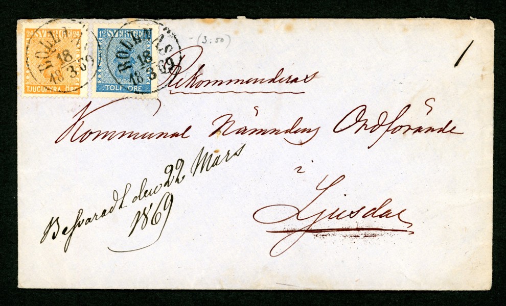 24+12 öre på vackert rekommenderat brev till Ljusdal, stpl BOLLNÄS 18.3.1869. Bakfliken saknas, men trevligt ändå.