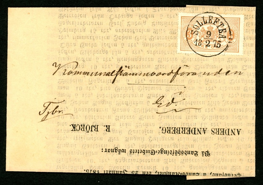 Tj1. Underbart vacker kungörelse med 3 öre tandning 14, lyxstämplad SOLLEFTEÅ 9.2.1875. Så ska det se ut!