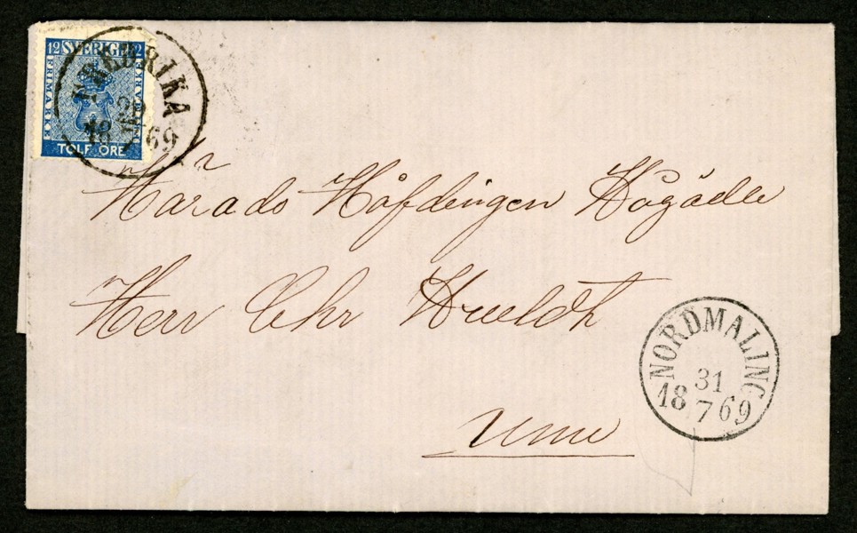 F9. Vackert brev till "Ume" stämplat med ovanlig stpl FREDRIKA 29.7.1869. Transitstämpel NORDMALING 31.7.1869.