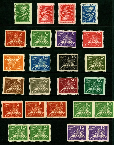 F211-25. Postfrisk/ostämplad överkomplett serie. Alla rättvända är postfriska (en 2-krona med strimmor i den xx gummeringen). Facit ca 14000 kr