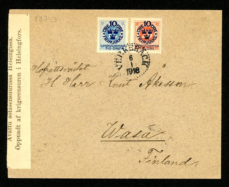 Intressant censurerat brev till Finland frankerat med landstormsmärken trots att dessa bara var giltiga inrikes. Stämplat VERKEBÄCK 6.1.1918 och sänt till Vasa.