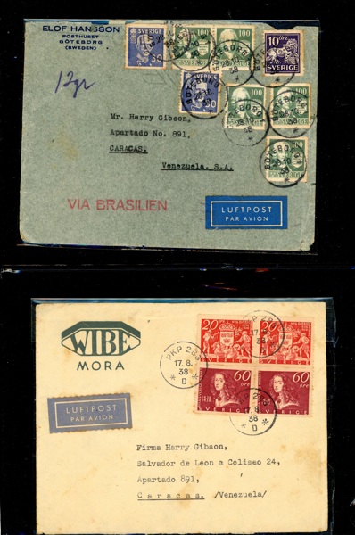 Två intressanta brev till Venezuela 1938, båda med riklig frankering. Se bild!