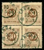 F35. TÅGARP 30.5.1884 grön stämpel på vackert 4-block, nedre höger märke dock med riss.