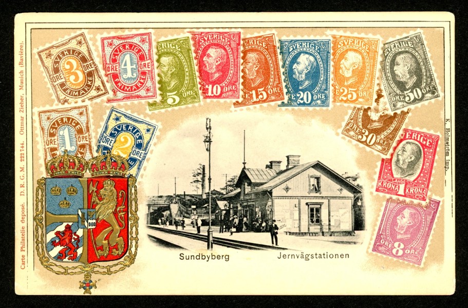 Frimärkskort med Sundbybergs järnvägsstation, obeg kort i äldre formatet.