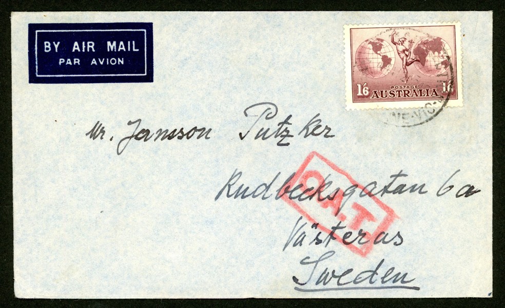 AUSTRALIEN. OAT-brev till Sverige 1945.