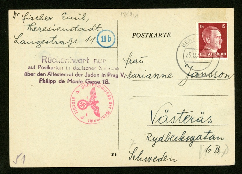 TYSKLAND/REICH. Kort skickat från gettot Theresienstadt till Västerås 1944. Historiskt intressant med instruktion hur det kan besvaras enbart på tyska m.m.