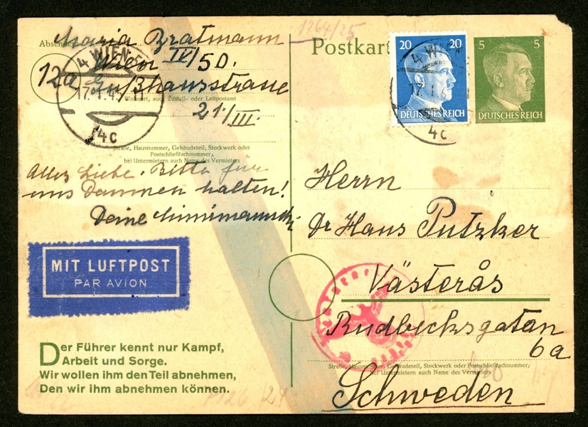 TYSKLAND/REICH. Intressant brevkort sänt från WIEN till Sverige stpl 17.1.45. Notera den kraftiga censuren i svärta på baksidan! (ett långt riss förstärkt med en fastsättare).