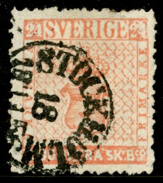 F5b. Sidvänd STOCKHOLM 18.11.1856. Felfritt ex med attest HOW 3.3.3. "mycket gott exemplar". Intressant tryckdefekt vid höger "24".