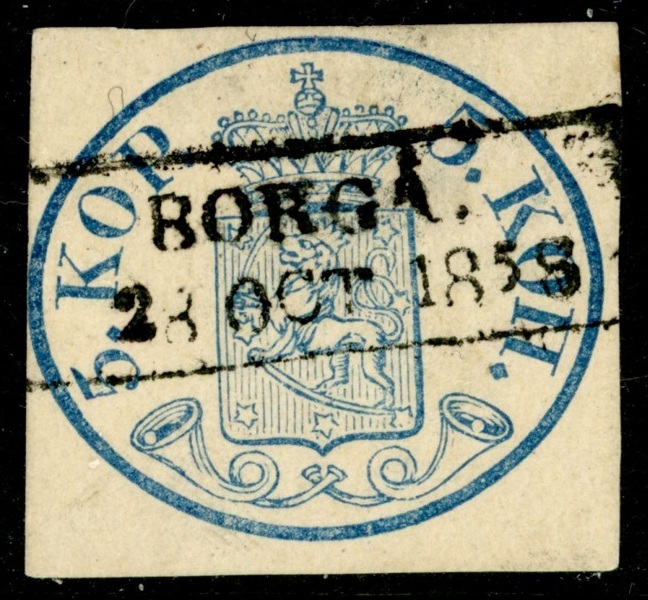 F1 I c. Strålande vackert exemplar av 5 kopek, med lyxstämpel BORGÅ 28 OCT 1858. Attest Schwenson