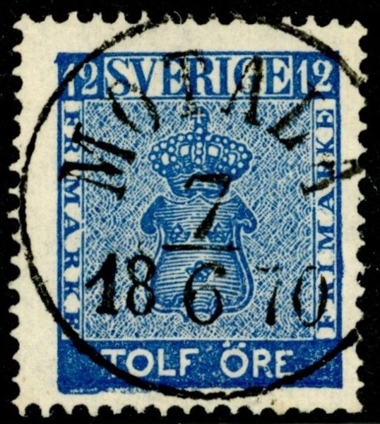 F9. MOTALA 7.6.1870. Vackert ex, en kort tandspets.