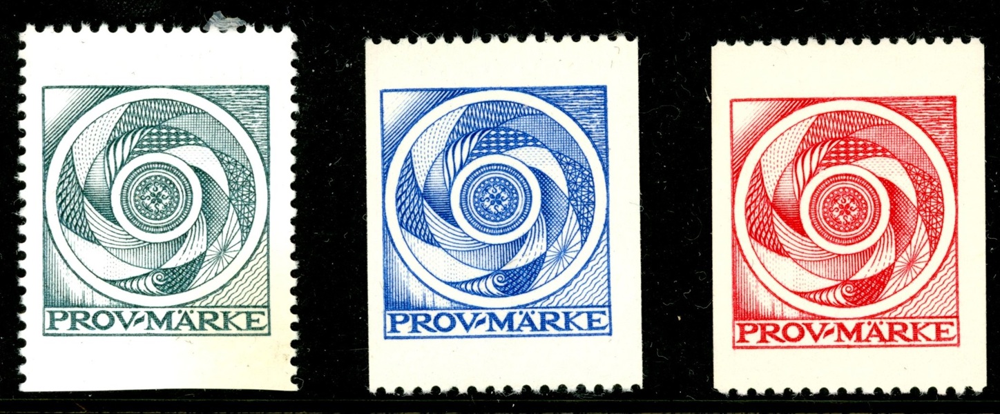 P. Testmärke "snurran" i tre olika färger/tandningar.