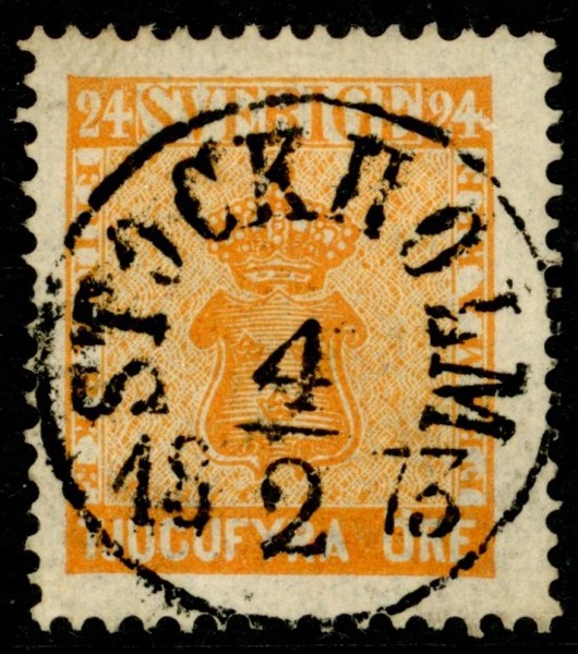 F10f2/h1. STOCKHOLM 4.2.1873. Vackert ex med attest HOW "praktexemplar", dock nämns inte en kort tand t.v. Olle Pettersson har på baksidan med blyerts korrigerat nyansen till h1.