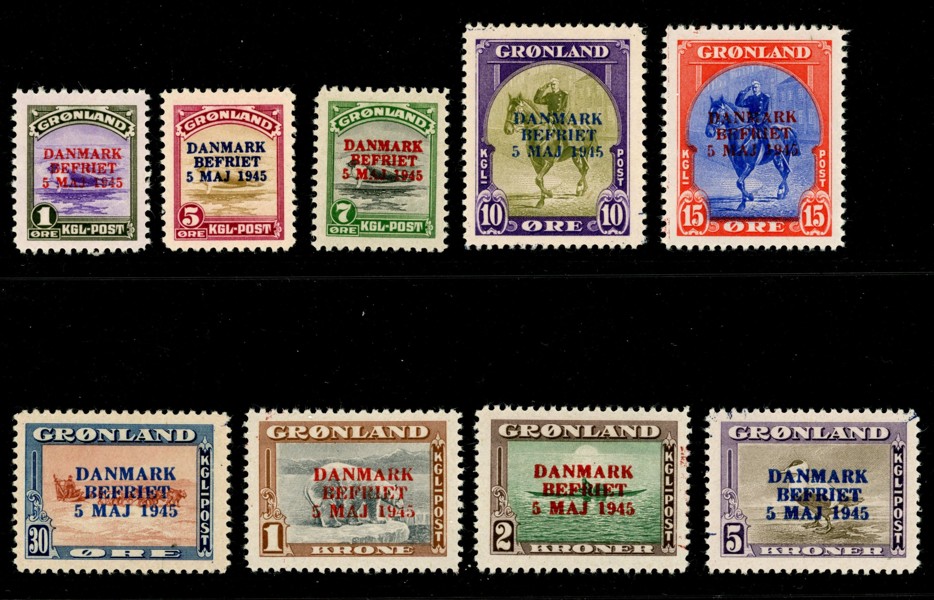 F19-27. Ostämplad serie "Danmark Befriet". F 6500 kr