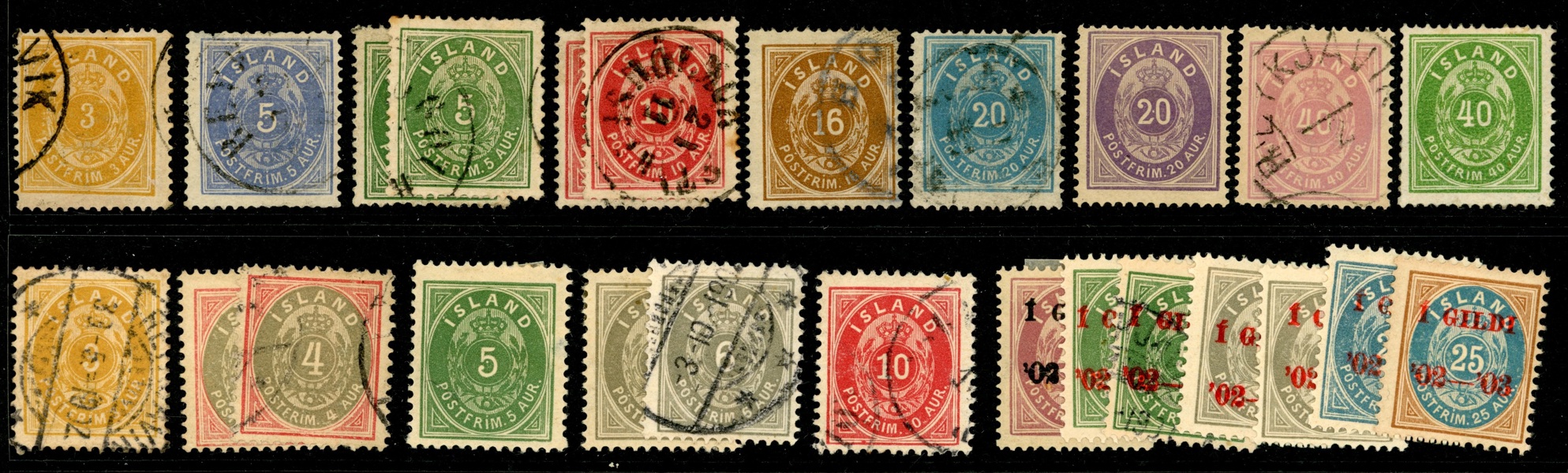 Lot äldre utgåvor stämplat eller ostämplat, hela övre raden är tandning 14x13½. 5 aur blå är defekt och får ses som en luckfyllare (F9, 8500 kr), men i övrigt god kvalitet. Högt kv.