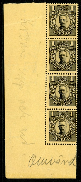 F77vm. Postfriskt 4-strip med omv vm krona, med arkmarginal. F 7200 kr