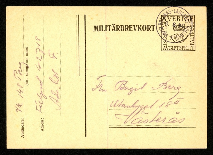 MbK5B. Bättre stpl FKMB BOLLNÄS-LÅNGSELE-BOLLNÄS 8.8.40 på kort till Västerås. Lodrätt veck. Postal 300 kr