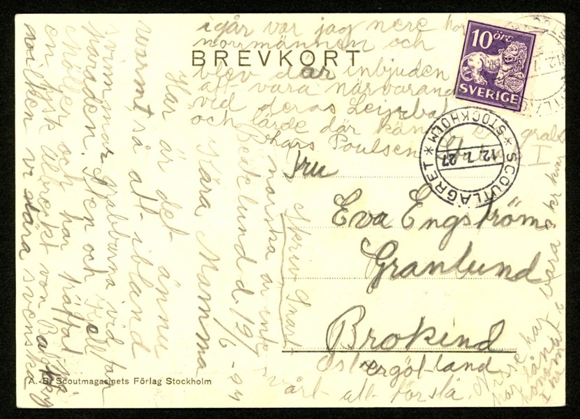 SCOUTING. Vykort sänt till Brokind, stpl SCOUTLÄGRET STOCKHOLM 12.7.27. Postal 600 kr