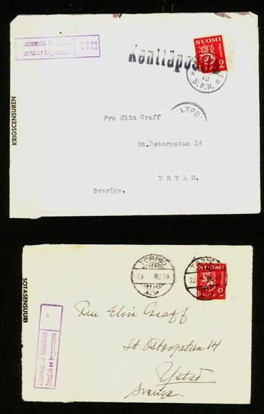Tre censurerade brev/kort skickade från svensk deltagare i Finska vinterkriget januari-februari 1940. Bl.a. ett med intressant notering "skänk Finland flyg" på baksidan.