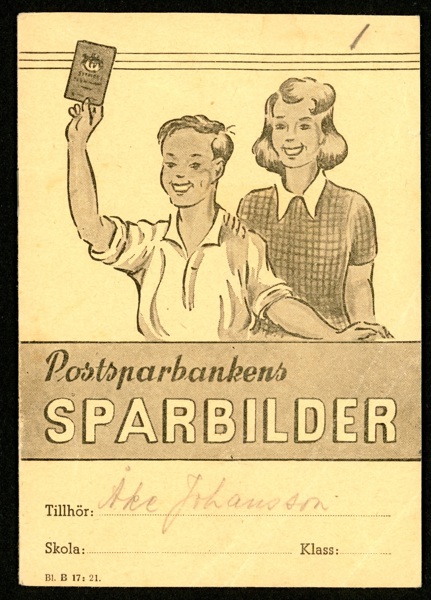 Postsparbankens sparbilder. Häfte med alla tre sidorna fulla med sparmärken.