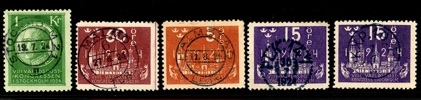 F208 m.fl. Lot fem märken från Kongressen 1924, alla med prakt-lyxstämplar!