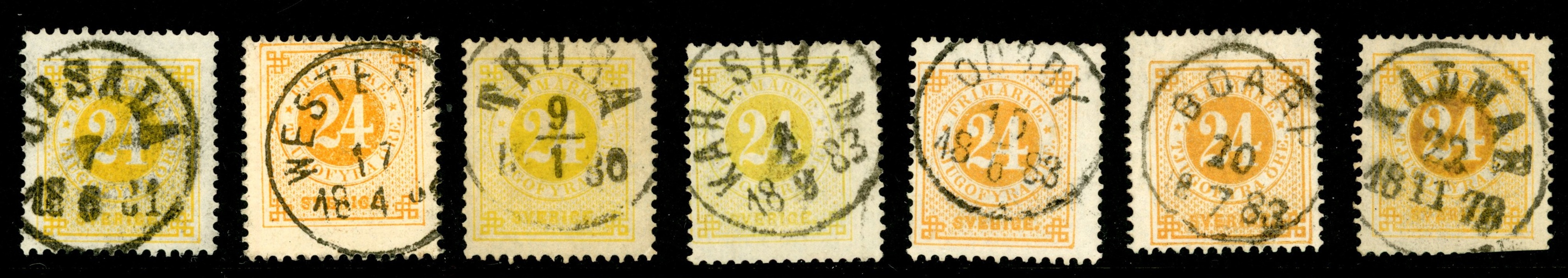 F34. Lot sju ex i nyanser, bland annat citrongula. Alla med rättvända stämplar. Ett ex med def tandning.