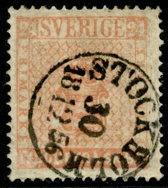 F5a. Vackert ex av 24 sk bco, stpl STOCKHOLM 30.12.1856. Dock reparerat, utlåtande Mats G. Nilsson.
