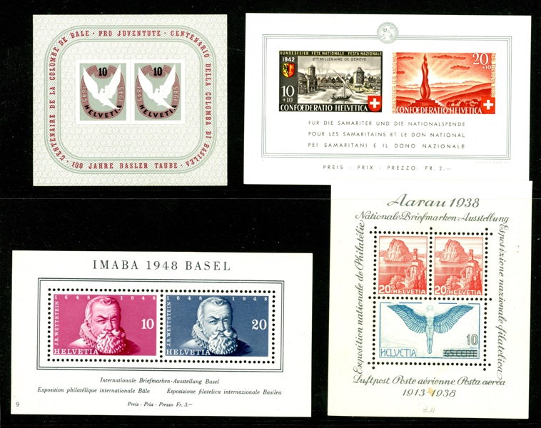 SCHWEIZ. Lot fyra äldre block. Obet fastsättarspår i marginalen.