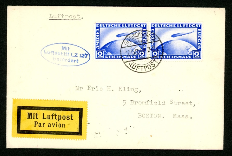 TYSKLAND/REICH. Zeppelinbrev till USA med 2x Mi423 (en vikt hörntand). Stpl FRIEDRICHSHAFEN 10 OKT 28.