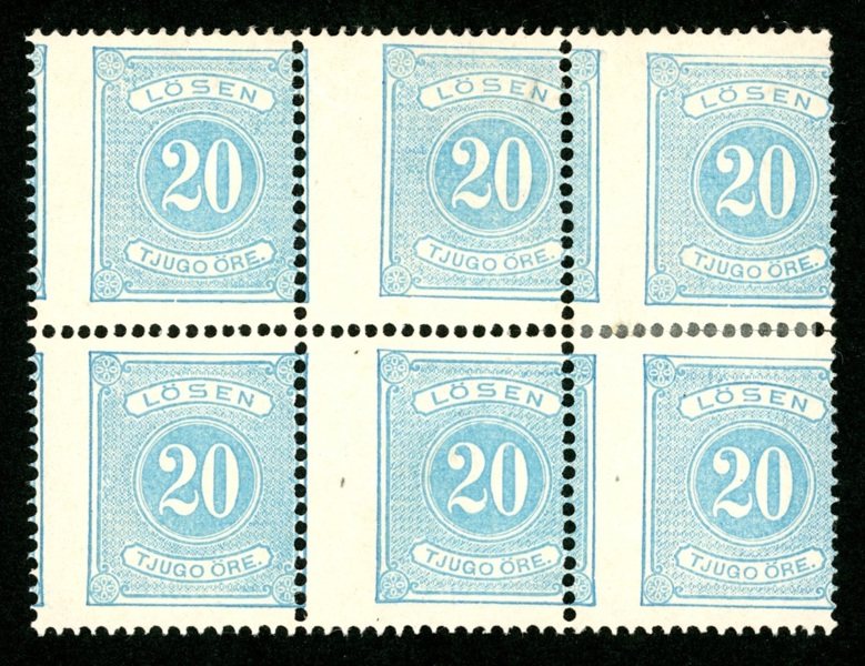 L6v. Ostämplat, extremt felperforerat 6-block. Ovanligt objekt.