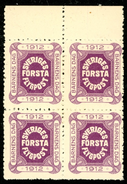 HF1. Halvofficiellt flygpostmärke 1912. Postfriskt 4-block, svag tonad fläck.