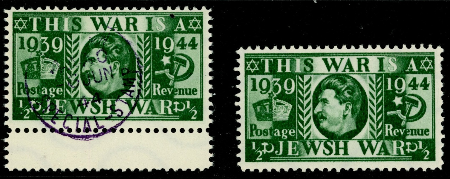 TYSKLAND/REICH. Propagandaförfalskningar av brittiskt frimärke, två ex varav ett är stämplat. Intressant objekt.