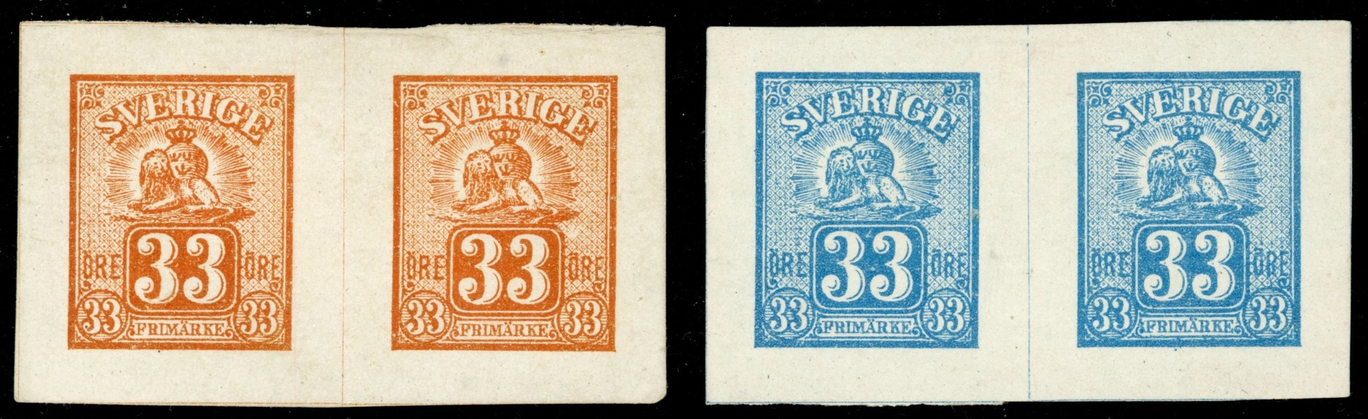 Lejon. 33 öre i två par, rödbrun resp blå färg. Enl uppgift litografiskt tryck från 1870.