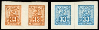 Lejon. 33 öre i två par, rödbrun resp blå färg. Enl uppgift litografiskt tryck från 1870.