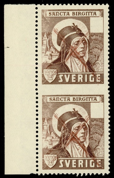 F335P. Provtryck utan valör i xx par, otandat mellan märkena. Överkryssat med gravörstickeln. Sällsynt objekt.