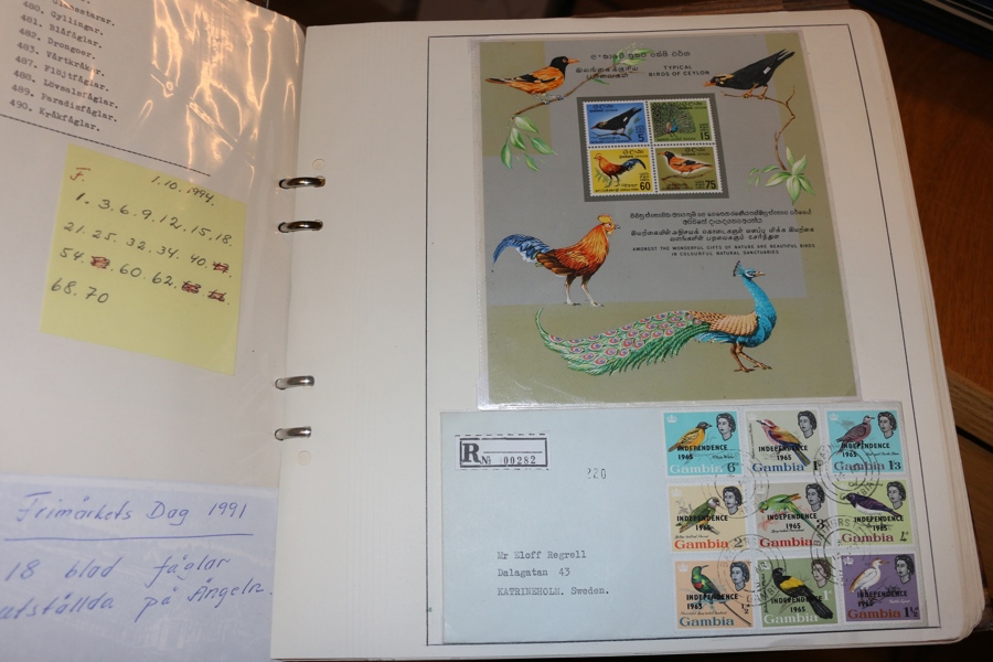 FÅGLAR. Vackert monterad samling sorterad på arter, med frimärken från 1960-70-talet i huvudsak. Några lite bättre t.ex. Kina tranor 1962. Både x/xx och stämplat förekommer.