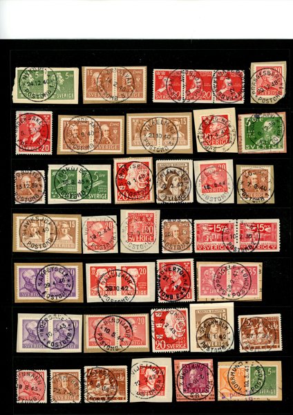 POSTOMBUD. Parti frimärken och klipp på fem visirblad. Allt skannat.