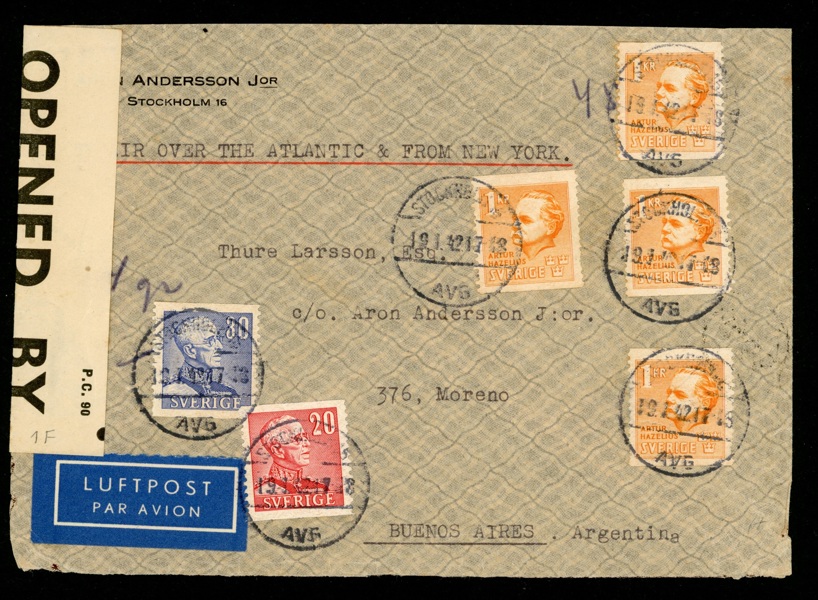 Luftpostbrev till Argentina med censur, via New York. Frankerat med porto 4,50 kr och stämplat STOCKHOLM 15 19.1.42.