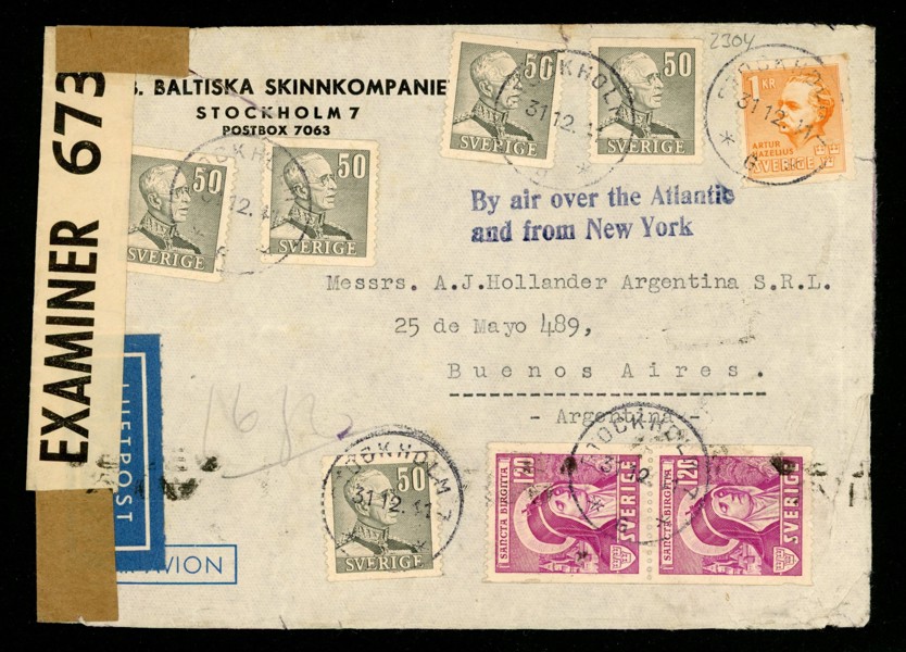 Luftpostbrev till Argentina med 5,90 kr frankering, bl.a. två ex 120 öre Birgitta som är ovanlig på brev. Något ovarsamt öppnat. Stämplat STOCKHOLM 7 31.12.41.