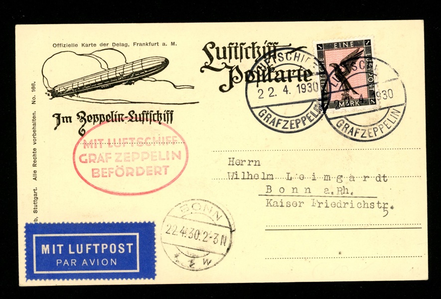 TYSKLAND/REICH. Mi382 som 1 marks frankering på zeppelinkort stpl LUFTSCHIFF GRAF ZEPPELIN 22.4.30 och BONN samma datum.
