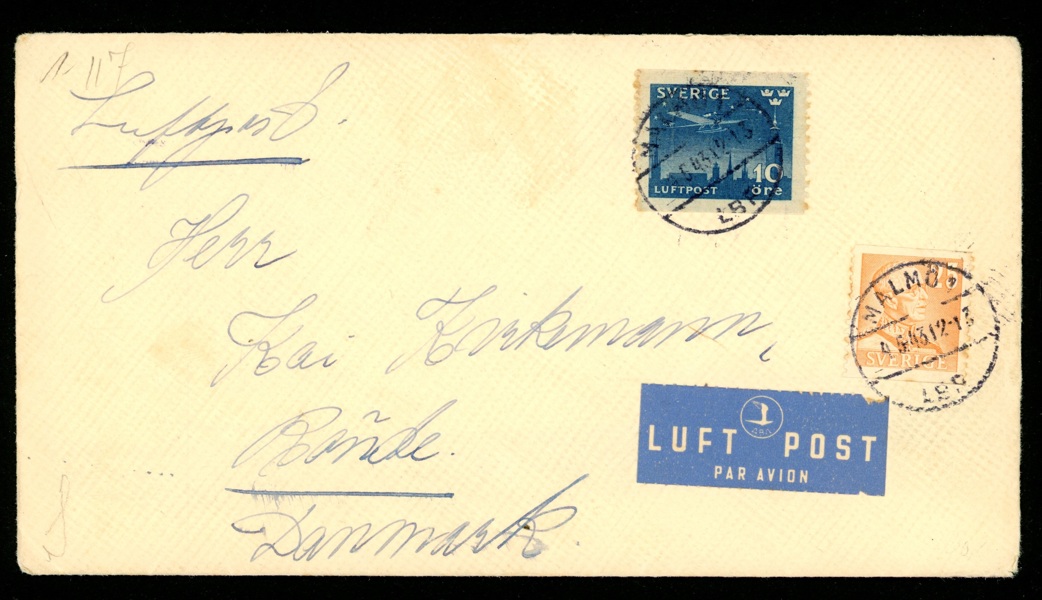 F277+231 på intressant luftpostbrev till Danmark, stämplat MALMÖ 1 4.5.43.